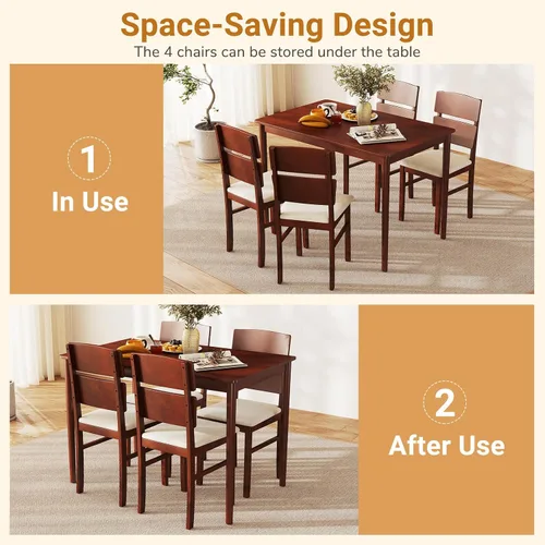 Miniatura 2 de Giantex Juego de mesa de comedor de 5 piezas para 4, mesa de comedor rectangular de granja con 4 sillas tapizadas, respaldo alto curvo, patas