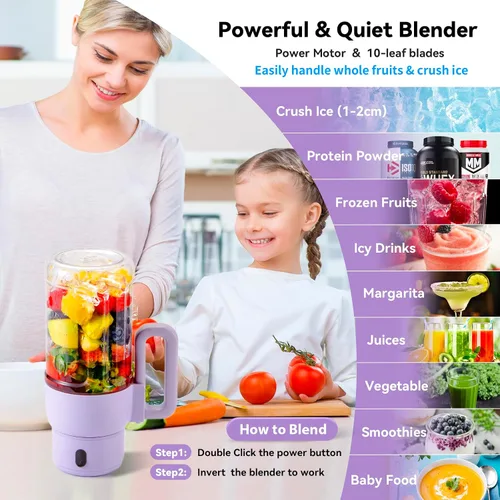 Miniatura 7 de Licuadora portátil para batidos, 34 onzas, tamaño personal, mini batidora de proteínas, licuadora de batidos, inalámbrica y sin BPA, con tapa