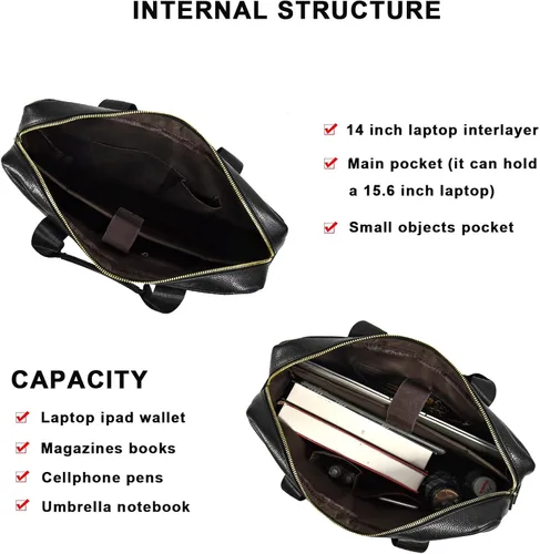 Miniatura 3 de Maletín de cuero genuino para hombres, bolso de hombro para computadora portátil con correa, bolso de trabajo de viaje de negocios de 15.6 pulgadas