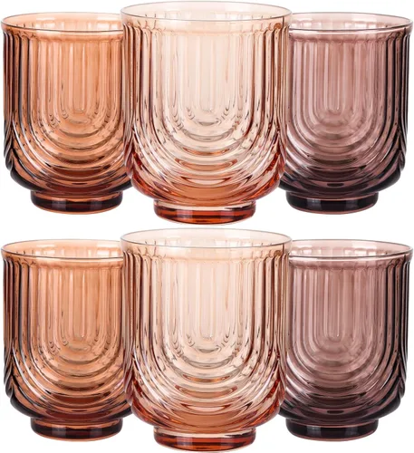Miniatura 13 de JOVGANK Juego de vasos de bebida vintage rosados de 6 a 14 onzas, vasos de vidrio rosa art déco, vasos de cóctel de whisky, para bar, jugo de café