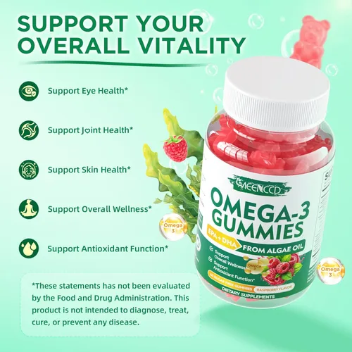 Miniatura 3 de Paquete de 2 gomitas Omega-3 de 1000 mg, aceite de pescado alternativo de Omega 3 para adultos, DHA a base de algas de 600 mg y EPA 300 mg +
