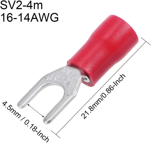 Miniatura 3 de uxcell 200 piezas SV2-4M aisladas espada de horquilla tipo U conector de alambre terminal eléctrico de crimpado 16-14AWG rojo