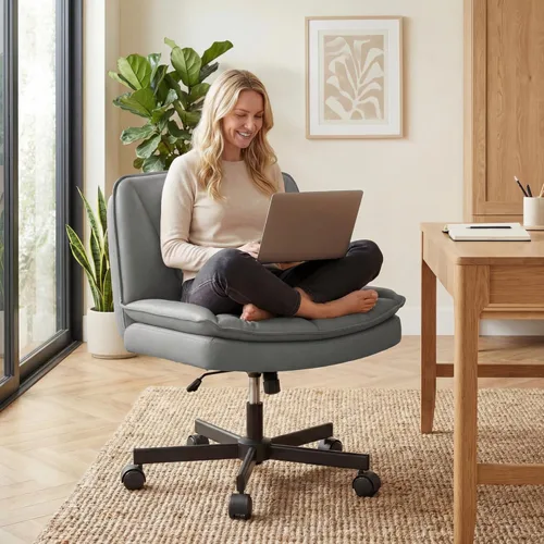 Miniatura 13 de DurayLoly Silla Criss Cross con Ruedas, Silla de Oficina con Patas Cruzadas con 2 Capas de Cuero Comfty & Back, Silla de Tocador Ancha sin Brazos