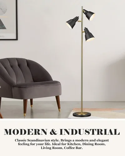 Miniatura 9 de ELYONA Lámpara de pie con árbol dorado con 3 luces giratorias ajustables, luces de pie industriales de poste alto de metal con 3 bombillas LED