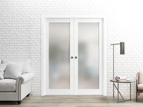Miniatura 3 de SARTODOORS Frosted Lite - Panel de puerta de vidrio de 28 x 80 pulgadas Planum 2102 seda blanca para uso como armario corredizo de bolsillo