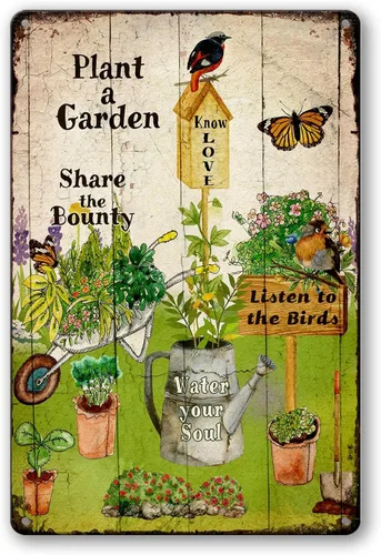 Letreros de metal retro para jardín, decoración al aire libre, letrero de jardín con planta A, regalo de jardinería para mujeres, divertido arte de