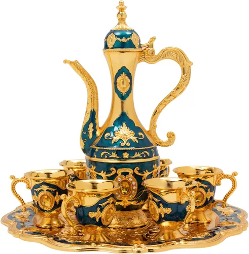 Miniatura 2 de Juego de tetera turca, juego de taza de café clásica azul con bandeja y 6 tazas de té turco vintage, taza de café para hogares, restaurantes