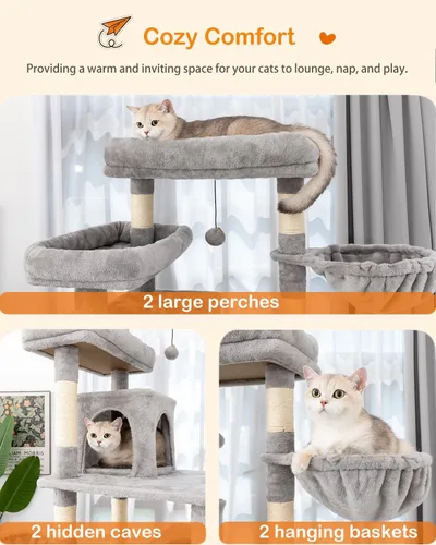 Miniatura 3 de Árbol para gatos, torre para gatos de 81 pulgadas de alto con poste rascador, condominio de felpa para gatos de varios niveles con 2 perchas, 2 Gris