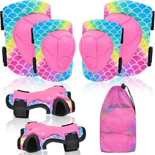 Miniatura 12 de Rodilleras para niños, juego de equipo de protección ajustable con bolsa de malla, rodilleras y coderas, protector de muñeca para niñas, patines