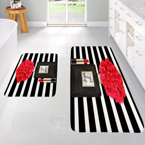 Miniatura 2 de Perfume negro flor moda niña alfombras de cocina abstracto geométrico rayas modernas simples contemporáneas mujer dama lápiz labial cocina fregadero