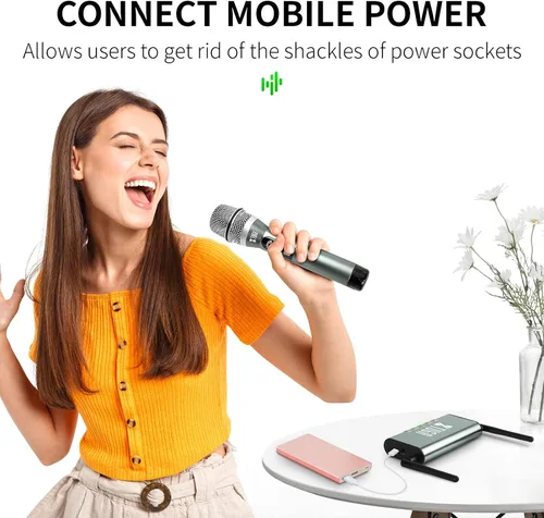 Miniatura 5 de XTUGA Sistema de micrófono inalámbrico UHF de 4 canales, Plug and Play, micrófonos de mano de metal con rango de 164 pies, mini receptor