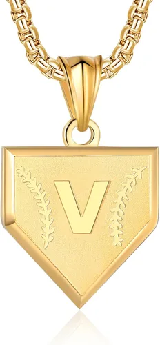 Miniatura 27 de Collar con inicial de la A a la Z para niños, de acero inoxidable, con dije de escudo de letra, cadena de 22 + 2 pulgadas, inspirador de béisbol