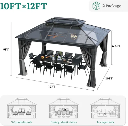 Miniatura 7 de YITAHOME Cenador de policarbonato de 10 x 12 pies para patio al aire libre, doble techo de hierro galvanizado, columna de aluminio, cortinas