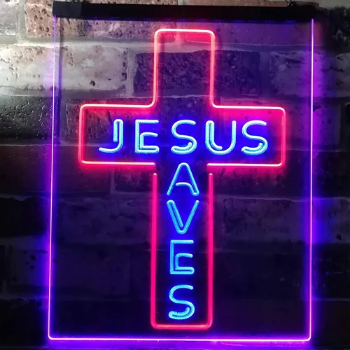 Miniatura 2 de ADVPRO Placa de pared con diseño de Jesús salva cruz, regalos de inauguración de la casa, letrero de neón LED de doble color, azul y rojo, 8.5 x 12