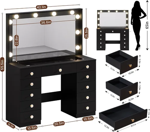 Miniatura 7 de DINGIPP Tocador de 42.1 pulgadas con espejo grande y 10 luces LED, escritorio de tocador con tope de cristal, 11 cajones con asas de cristal