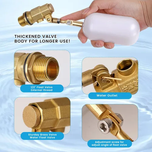 Miniatura 5 de Válvula de flotador de 1/2 pulgada, válvula de latón con válvula de bola de flotador de agua de plástico con brazo ajustable llenado automático