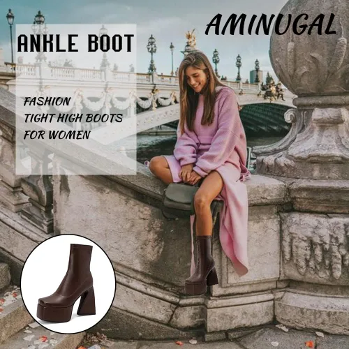 Miniatura 2 de AMINUGAL Botas triangulares para mujer, con puntera cuadrada, de piel sintética, gruesas, con cremallera, a la moda, para mujer