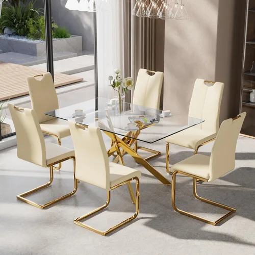 Miniatura 22 de Juego de mesa de comedor de 5 piezas para 4, mesa rectangular moderna de cristal con 4 sillas tapizadas de cuero, juegos de mesa y sillas de comedor
