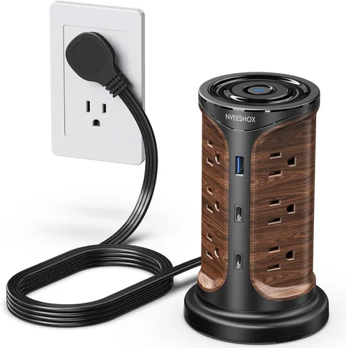 Regleta de enchufe plano con protección contra sobretensiones con 12 tomacorrientes, 3 USB (2 tipo C), cable de extensión ultra plano de 6.5 pies