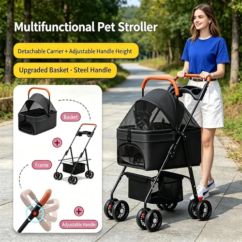Miniatura 8 de YYW Cochecito para mascotas para perros y gatos pequeños, 3 en 1 plegable para gatitos, cachorros, carrito de paseo de viaje con portador extraíble