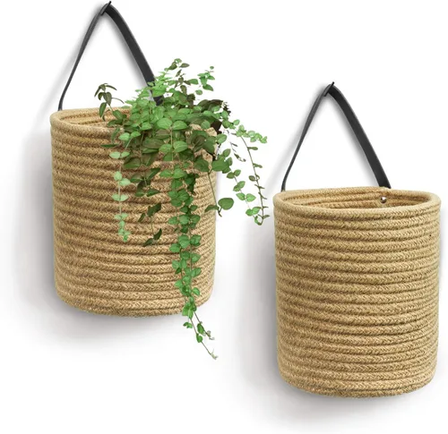 Goodpick Paquete de 2 cestas colgantes de yute - Cesta tejida pequeña de helecho colgante con cuerda, cesta de pared para plantas de flores, juego