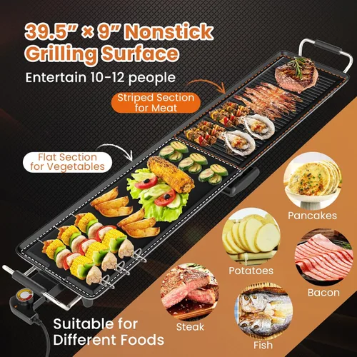 Miniatura 4 de COSTWAY Plancha Eléctrica de 39.5", Parrilla Teppanyaki Extragrande con 2 Superficies Antiadherentes, Temperatura Ajustable, Asas Aisladas y Bandeja