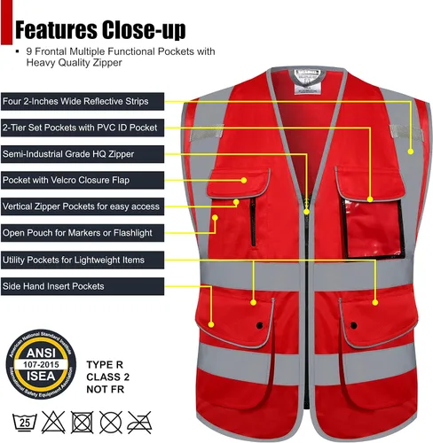 Miniatura 3 de Chalecos de seguridad retroreflectantes Clase 2 con 9 bolsillos y cremallera frontal ANSI/ISEA 107-2015 (rojo-3, 3XL)