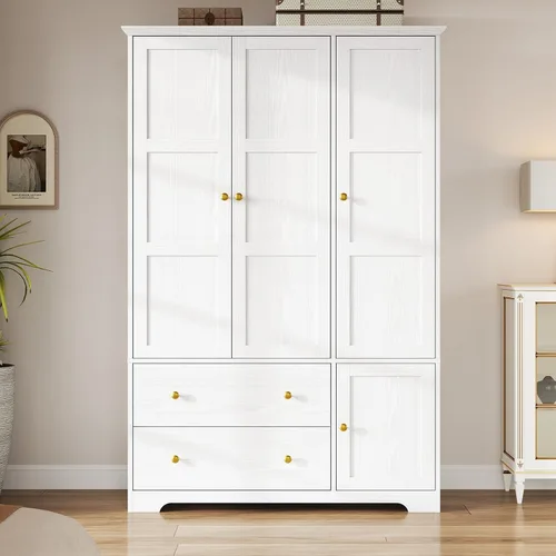 Miniatura 8 de ONBRILL - Armario de madera con 3 puertas para recámara, con estante extraíble para pantalones, armario de gran capacidad con cajones y estantes