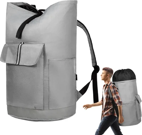 Miniatura 15 de BeeGreen Mochila de lavandería verde musgo para viaje, bolsa de lavandería con correas de hombro ajustables y cierre de cordón, XL bolsa