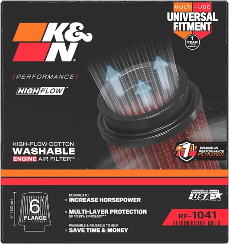 Miniatura 13 de K&N, RC-1041 - Filtro de aire universal con sistema de abrazaderas cónico. Medidas: brida 6 pulgadas (152 mm); altura 7.5 pulgadas (191 mm), base