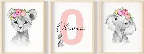 Miniatura 13 de Juego de arte de pared personalizado de safari para guardería, impresiones de animales de la selva con nombre personalizado, imágenes de decoración
