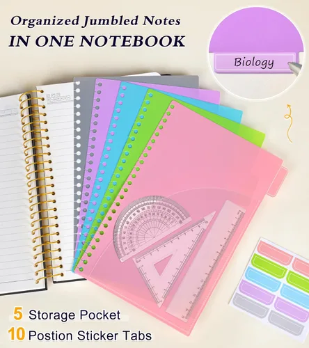 Miniatura 2 de Cuaderno de 5 asignaturas con reglas universitarias y divisores de bolsillos removibles con pestañas, 240 páginas, cuaderno en espiral de 21.59 x