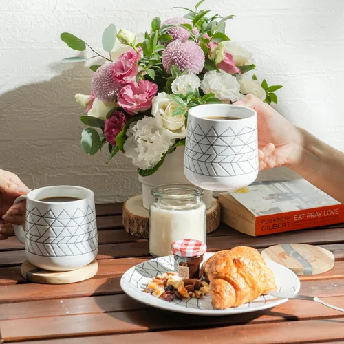 Miniatura 5 de bzyoo Ceramics - Juego de 6 tazas de café de 14 onzas, juego de tazas de té con asa, aptas para microondas y lavavajillas, color blanco con tira