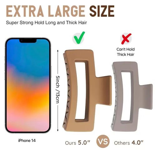 Miniatura 2 de Pinzas de garra extra grandes para cabello grueso y cabello largo, paquete de 2 pinzas de garra tamaño XXL, pinzas rectangulares antideslizantes