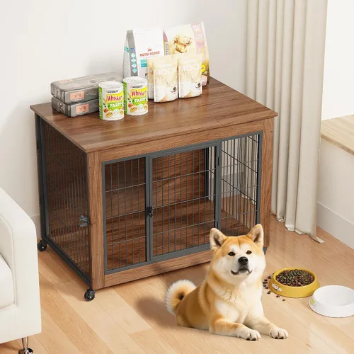 Mueble de jaula para perros de 38.6 pulgadas con ruedas, mesa de madera resistente para perrera, jaula para mascotas de interior con 2 puertas, caja