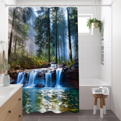 Cortina de ducha en cascada de primavera, paisaje tropical, selva, selva tropical, árbol verde, verano, naturaleza, paisaje, tela de poliéster,