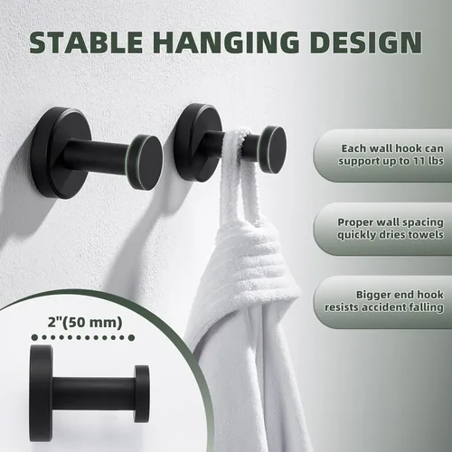 Miniatura 3 de APLusee Gancho para toallas de baño negro mate para baño, paquete de 2 ganchos de acero inoxidable, perchas de pared resistentes montadas en la pared