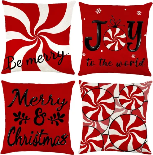 Miniatura 9 de Vellibring - Juego de 4 fundas de almohada de Navidad con diseño de caramelos, 45 x 45 cm, rojo y blanco, fundas de almohada para sofá, decoración