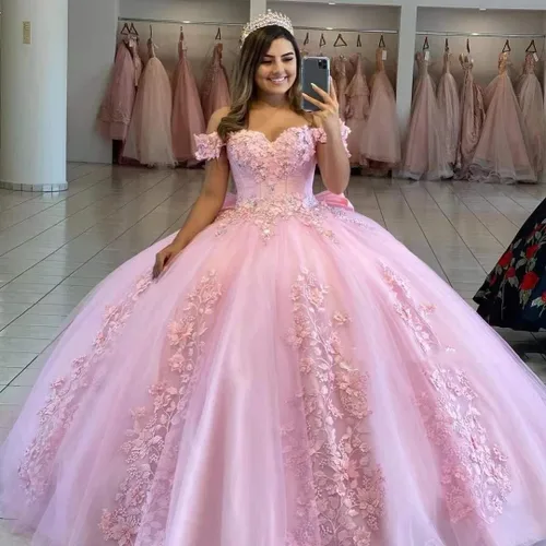 Miniatura 4 de Loyeloy Vestidos de quinceañera con hombros descubiertos para niñas, vestidos de fiesta hinchados con flores 3D para adolescentes, vestidos