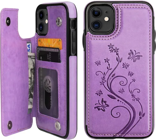 Miniatura 9 de Vaburs Funda compatible con iPhone 11 con tarjetero y diseño de mariposa en relieve, piel sintética de alta calidad, doble botones magnéticos, a