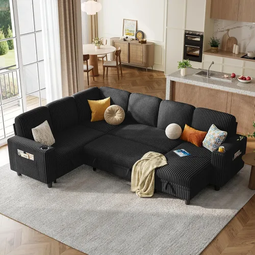 Miniatura 36 de LINSY HOME Sofá cama modular extraíble para sala de estar (beige, sofá cama 1) Sofá cama extraíble, almacenamiento, carga USB, portavasos, pana