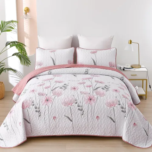 Miniatura 19 de Dinjoy Juego de colcha floral tamaño Queen, colcha azul agua tamaño Queen de 3 piezas, juego de ropa de cama ligera de estilo granja, colcha