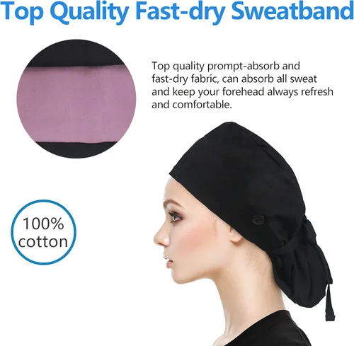 Miniatura 6 de QBA Gorra de trabajo ajustable con botón, gorro forrado de satén, gorro de trabajo de algodón, banda elástica para atar en la espalda, unisex Pt