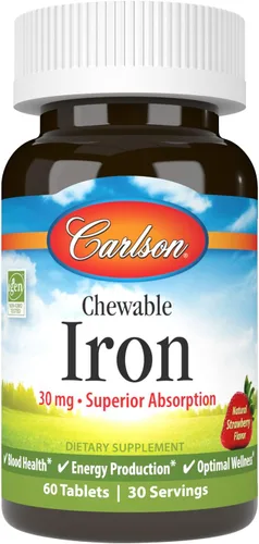 Carlson - Hierro masticable, 30 mg, absorción superior, salud de la sangre, producción de energía y bienestar óptimo, sabor natural a fresa, 60