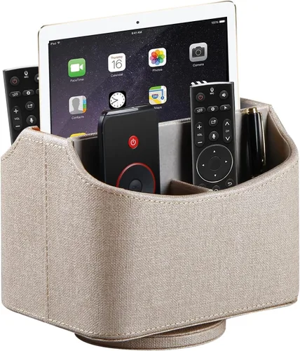 Miniatura 12 de YAPISHI Soporte para control remoto de cuero antiguo, caja giratoria de 360 grados para escritorio, organizador de mesa de noche para control