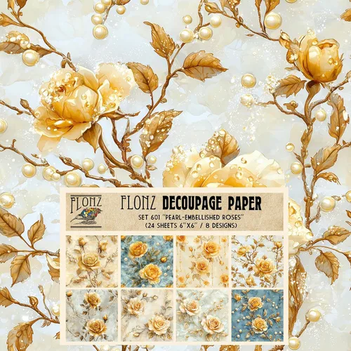 Miniatura 5 de Decoupage - Paquete de papel (24 hojas de 6 x 6 pulgadas), rosas doradas: delicadas rosas doradas y perlas que adornan un lienzo azul medianoche