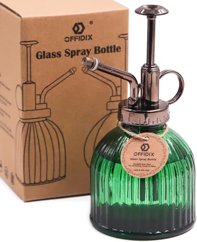 Miniatura 13 de OFFIDIX Botella rociadora de vidrio transparente, 6.3 pulgadas de alto, estilo vintage con bomba superior de plástico de bronce, regadera de vidrio