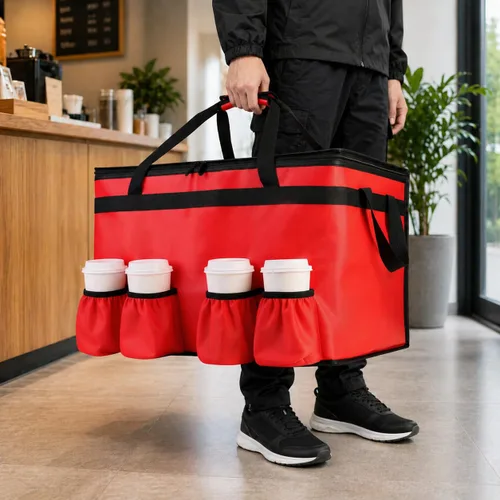 Miniatura 13 de Bolsa de entrega de alimentos con aislamiento con 4 portavasos, bolsas de comestibles aisladas extra grandes para mantener los alimentos Rojo