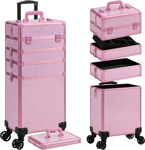 Miniatura 11 de AROUS Estuche de Maquillaje Rodante 5 en 1, Estuche de Cosmetología con Ruedas, Organizador de Cosméticos Grande, Carro de Viaje para Peluquero