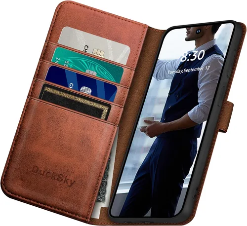 Miniatura 5 de DuckSky Funda tipo cartera de cuero genuino para Samsung Galaxy S23 Ultra con bloqueo RFID, 4 tarjeteros de crédito. 【Cuero auténtico】 Funda Marrón